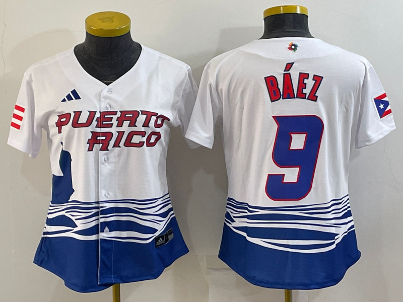 Women's Puerto Rico Baseball #9 Javier Báez 2023 White World Baseball Classic Stitched Jersey(Run Small)